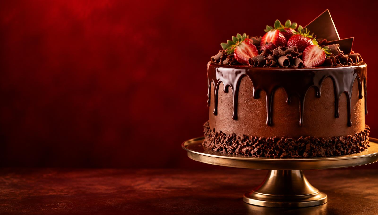 Bolo de chocolate decorado com morangos sobre fundo vermelho